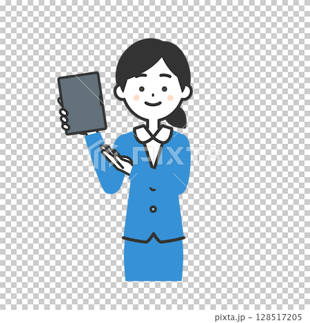 Illustration of a woman in a suit pointing at a tablet device 128517205