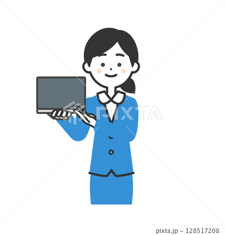 ノートパソコンを手で示すスーツ姿の女性イラスト ノートパソコンを手で示すスーツ姿の女性イラスト 128517208