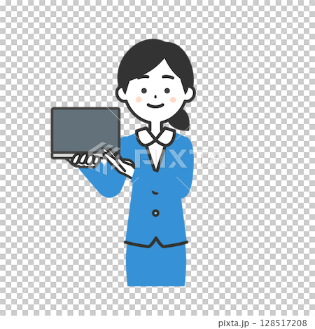 Illustration of a woman in a suit pointing at a laptop Illustration of a woman in a suit pointing at a laptop 128517208