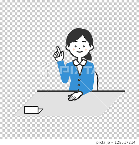 机に座って指をさすスーツ姿の女性イラスト 128517214