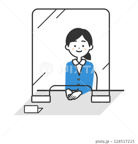 透明な仕切りが置かれた机に座るスーツ姿の女性イラスト 128517215