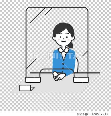 透明な仕切りが置かれた机に座るスーツ姿の女性イラスト 128517215