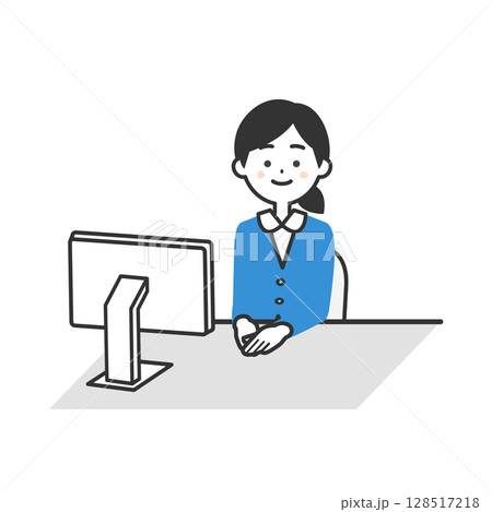 モニターの前に座るスーツ姿の女性イラスト 128517218