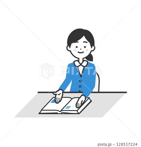両手で本の内容を指し示すスーツ姿の女性イラスト 128517224