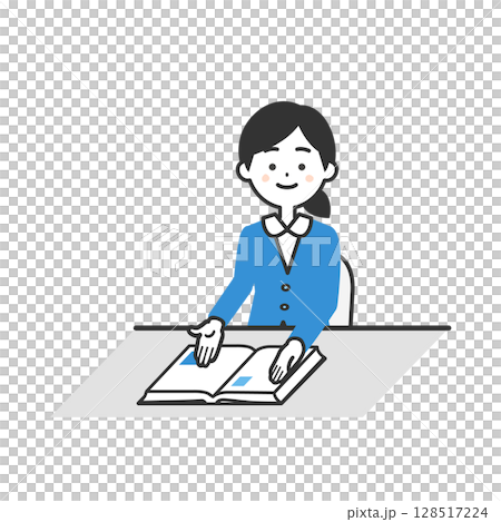 両手で本の内容を指し示すスーツ姿の女性イラスト 128517224