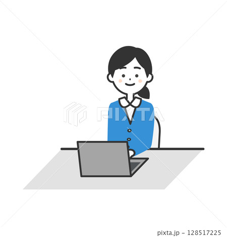デスクでノートパソコンを使うスーツ姿の女性イラスト 128517225