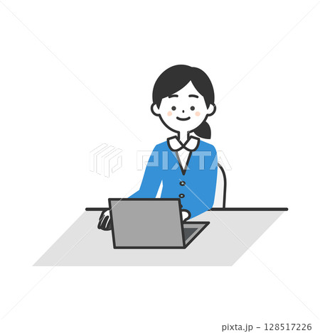 デスクでノートパソコンを使うスーツ姿の女性イラスト デスクでノートパソコンを使うスーツ姿の女性イラスト 128517226