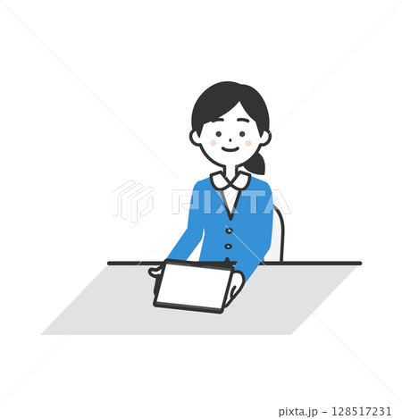 タブレット端末の画面をこちらに見せるスーツ姿の女性イラスト タブレット端末の画面をこちらに見せるスーツ姿の女性イラスト 128517231