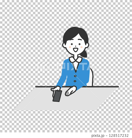 Illustration of a woman in a suit showing her smartphone screen Illustration of a woman in a suit showing her smartphone screen 128517232
