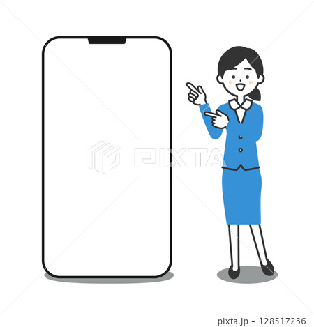 大きなスマホの横に立つスーツ姿の女性イラスト 128517236