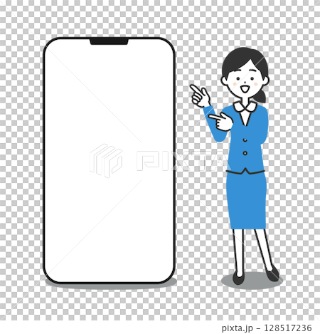 一位身穿西裝的女士站在大型智慧型手機旁的插圖 128517236