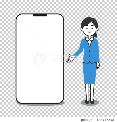 一位身穿西裝的女士站在大型智慧型手機旁的插圖 128517238
