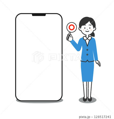大きなスマホの横に立つスーツ姿の女性イラスト 128517241