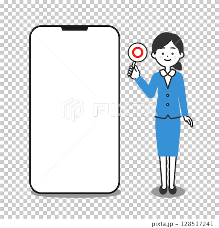大きなスマホの横に立つスーツ姿の女性イラスト 128517241