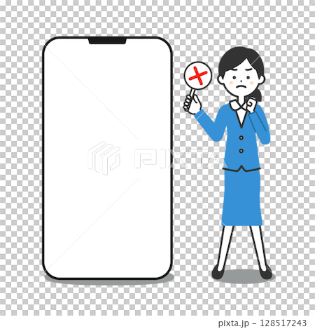 Illustration of a woman in a suit standing next to a large smartphone Illustration of a woman in a suit standing next to a large smartphone 128517243