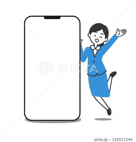 大きなスマホの横でジャンプするスーツ姿の女性イラスト 大きなスマホの横でジャンプするスーツ姿の女性イラスト 128517244