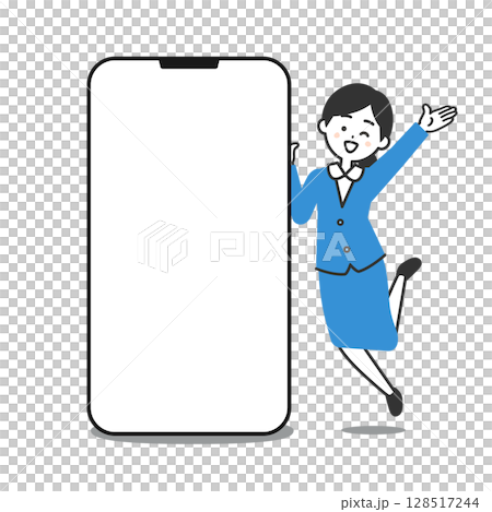 大きなスマホの横でジャンプするスーツ姿の女性イラスト 大きなスマホの横でジャンプするスーツ姿の女性イラスト 128517244