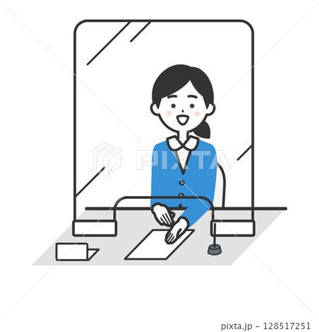 透明な仕切りが置かれた窓口に座るスーツ姿の女性イラスト 透明な仕切りが置かれた窓口に座るスーツ姿の女性イラスト 128517251