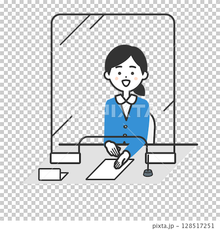 透明な仕切りが置かれた窓口に座るスーツ姿の女性イラスト 透明な仕切りが置かれた窓口に座るスーツ姿の女性イラスト 128517251