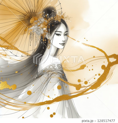 Thailand girl wearing traditional clothes in splash ink painting with Generative AI. 128517477