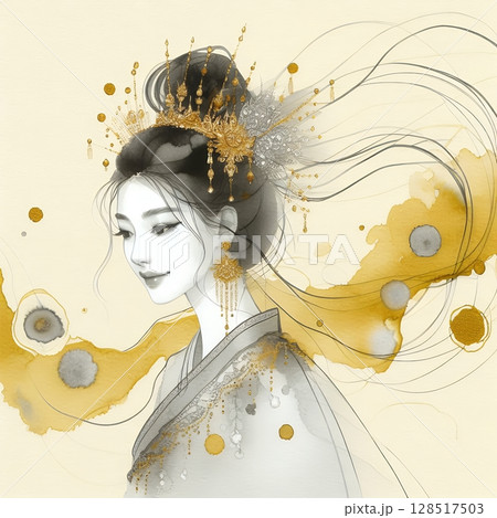 Thailand girl wearing traditional clothes in splash ink painting with Generative AI. 128517503