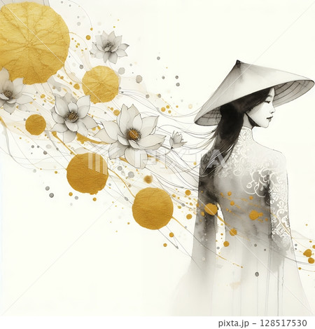 Vietnamese beauty elegant Figure with Elegant Watercolor and Gold Ink Floral Portrait with Generative AI. 128517530