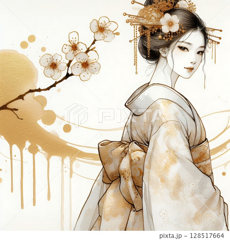 Elegant Japanese Woman in Kimono with Traditional Ink and Gold Floral Art Illustration with Generative AI. 128517664