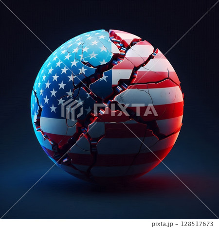 Cracked Relations for USA and worldwide with tariff on a Divided Sphere Symbolizing Geopolitical Tension with Generative AI. 128517673