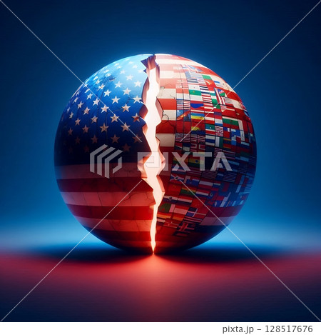 Cracked Relations for USA and worldwide with tariff on a Divided Sphere Symbolizing Geopolitical Tension with Generative AI. 128517676
