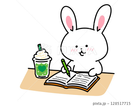 カフェで勉強をするかわいいうさぎさん 128517715