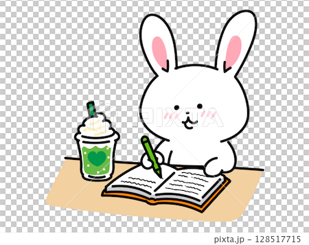 カフェで勉強をするかわいいうさぎさん 128517715
