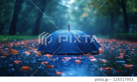 Autumn rain with umbrella and fallen leaves in the rain. 3d rendering. 128517953