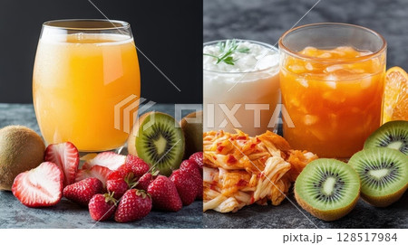 Fruit smoothies with strawberry, kiwi, orange and yogurt in a glass. 128517984