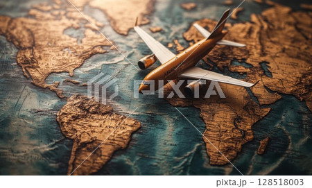Miniature airplane on world map background. Travel and vacation concept. 128518003