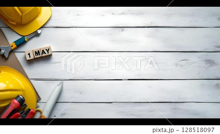 On a wooden table, construction tools and a hard hat are featured, with a background hinting at Labour Day 128518097