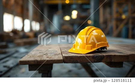 A hard hat sits on a wooden table in a factory, with an empty background celebrating Labour Day 128518111