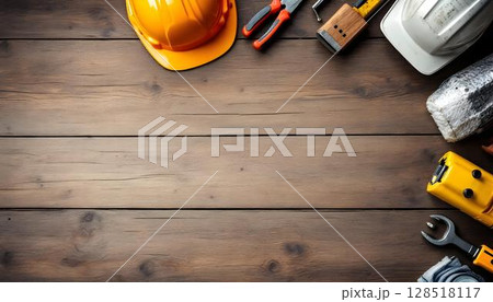 Tools for construction laid out on a wooden table, complemented by a Labour Day-themed background 128518117
