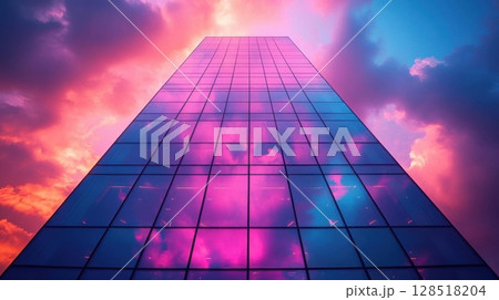 Modern glass skyscraper in business district. Skyscraper on sunset sky background. 128518204