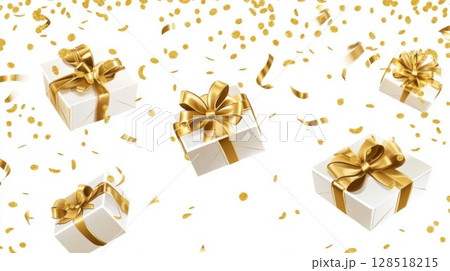 Gift boxes with golden bows and confetti on white background. Gift boxes with golden bows and confetti on white background. 128518215