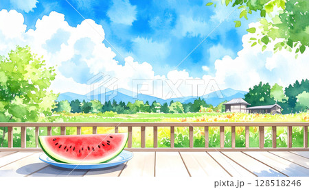 入道雲が見える縁側と半ぎりの赤いスイカ　日本の夏の田舎　水彩画風 128518246