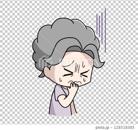 Illustration of an elderly woman suffering from nausea 128518385
