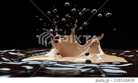 splash of chocolate isolated on black background. 3d rendering. splash of chocolate isolated on black background. 3d rendering. 128518410
