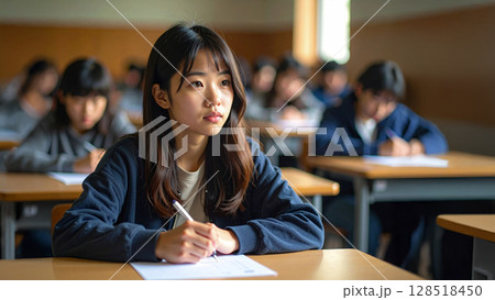 模試を受ける女子学生 模試を受ける女子学生 128518450