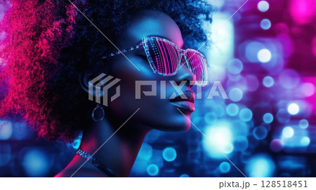 Beautiful african american woman with afro hairstyle and sunglasses. Cyberpunk style. 128518451