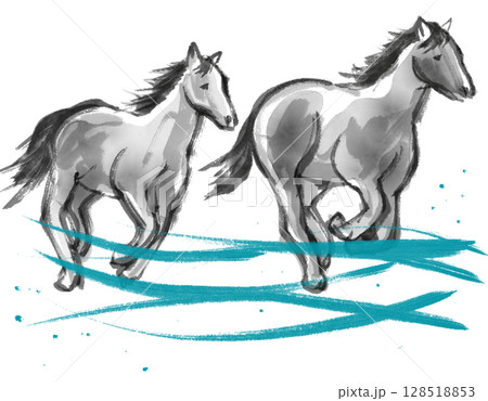 走る馬の水墨イラスト 走る馬の水墨イラスト 128518853