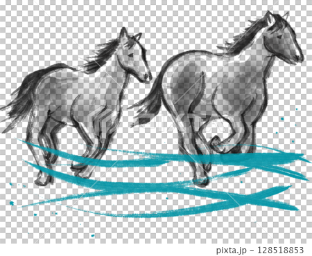 走る馬の水墨イラスト 走る馬の水墨イラスト 128518853