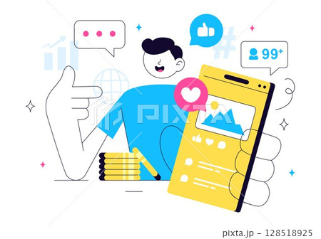 Influencer Marketing Vector Illustration Featuring Social Media Posts on the Internet for Marketing Strategies to Promote Products or Endorsements Influencer Marketing Vector Illustration Featuring Social Media Posts on the Internet for Marketing Strategies to Promote Products or Endorsements 128518925