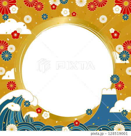 大波と富士山に和風の花を散りばめたフレーム素材／金色背景（正方形） 128519001