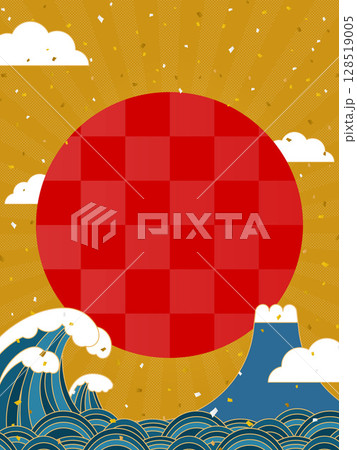 大波と富士山の間に昇る日の金色背景素材（縦向き） 128519005