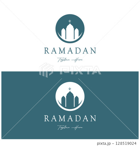 Ramadan Mubarak logo with lantern elements, crescent moon and star mosque building, Islamic calligraphy pattern, for business, architecture, Muslims, Eid, Eid cards, Islamic education 128519024